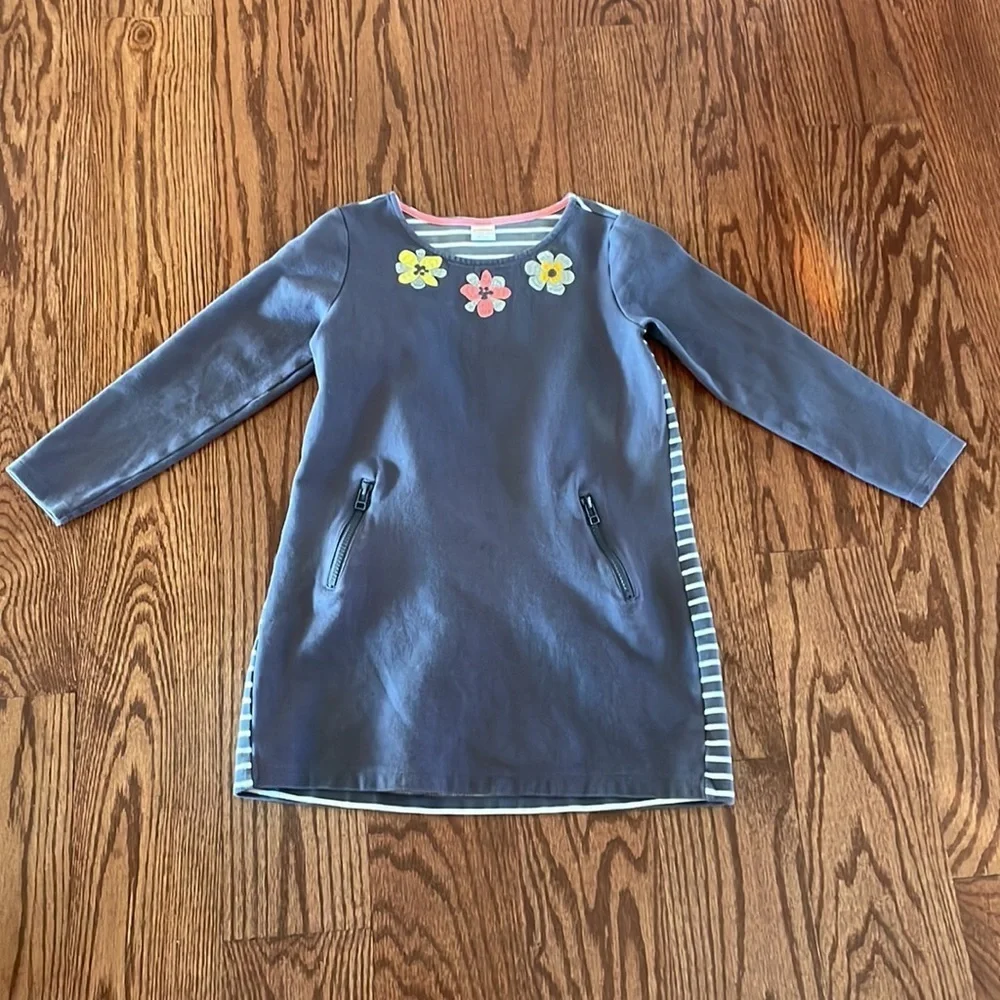 Gymboree girls embroidered flower stripe fleece dress gray white  7/8 med